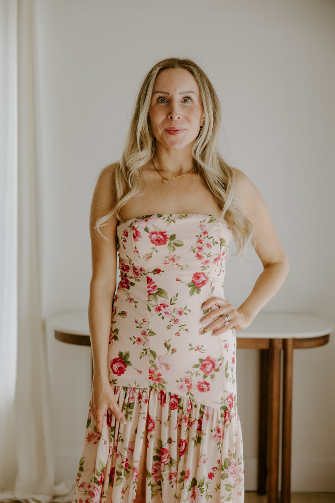 Strapless Drop Waist Floral Dress - Rose