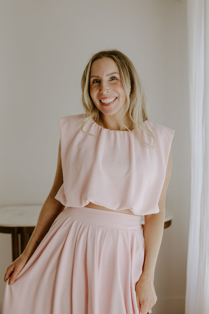 Bubble Top & Flowy Midi Skirt Set - Pink
