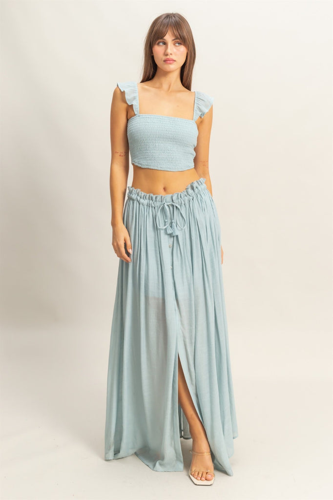 Boho Smocked Top & Midi Skirt Set - Dusty Blue