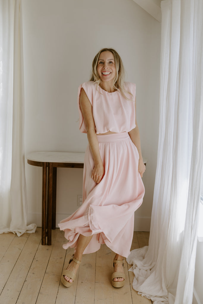 Bubble Top & Flowy Midi Skirt Set - Pink