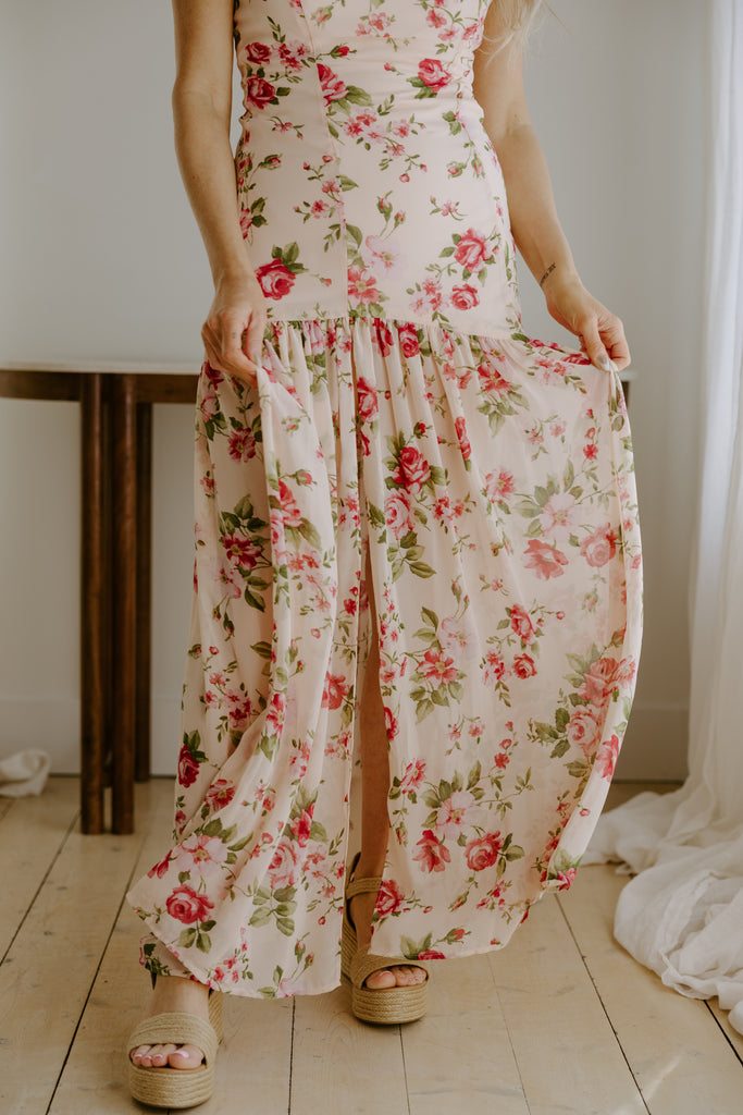 Strapless Drop Waist Floral Dress - Rose