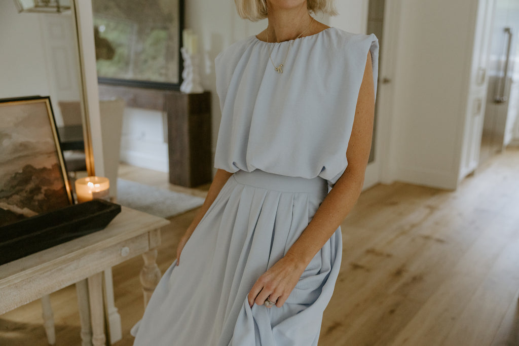 Bubble Top & Flowy Midi Skirt Set - Blue