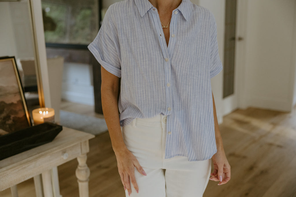 Striped Short Sleeve Button Down - Blue