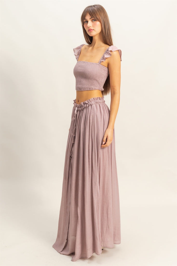Boho Smocked Top & Maxi Skirt Set - Mauve