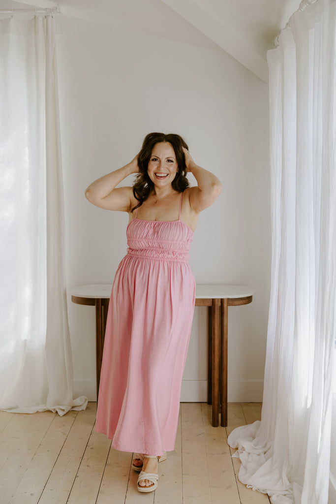 Lightweight Ruched Top Midi Dress - Pink