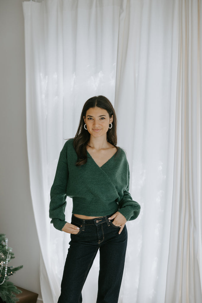 Faux Wrap Sweater - Dark Green