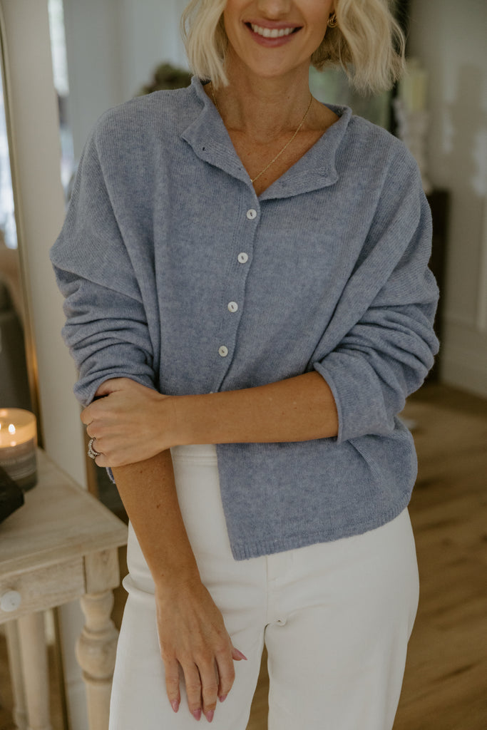 Lightweight Button Up Cardigan - Heather Blue