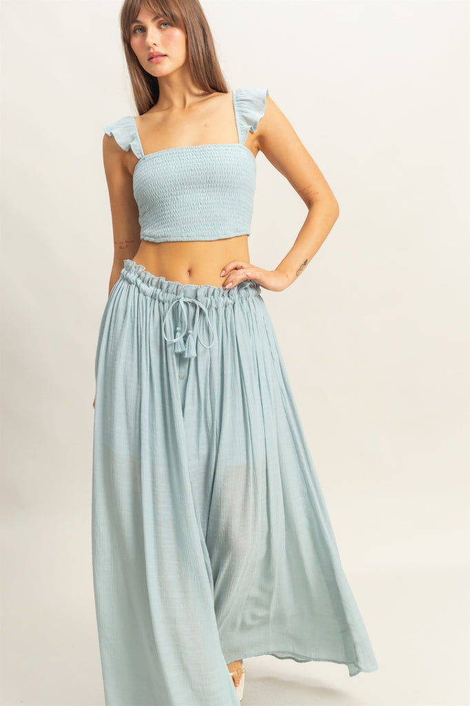 Boho Smocked Top & Midi Skirt Set - Dusty Blue
