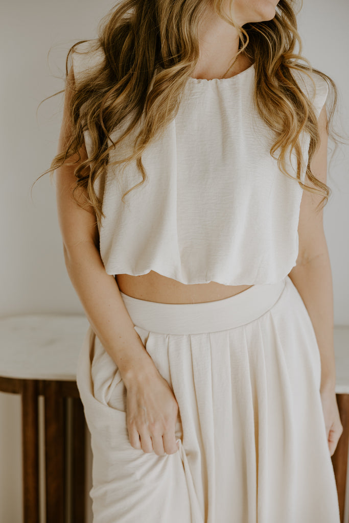 Bubble Top & Flowy Midi Skirt Set - Natural