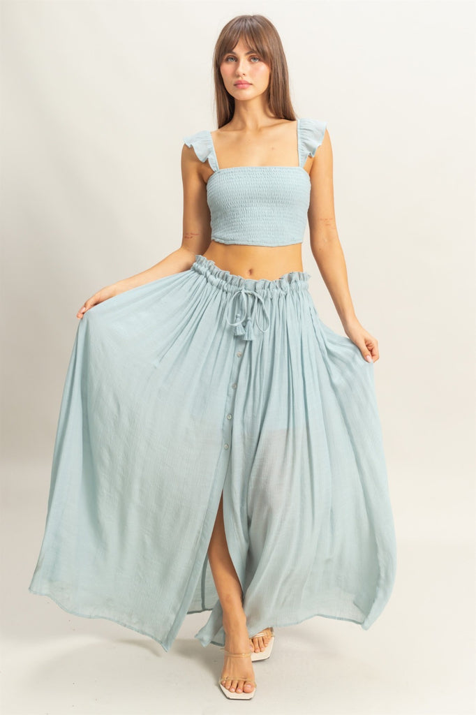 Boho Smocked Top & Midi Skirt Set - Dusty Blue