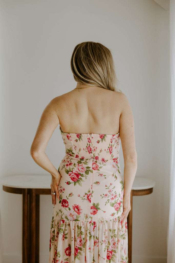 Strapless Drop Waist Floral Dress - Rose