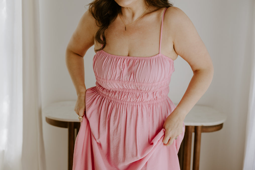 Lightweight Ruched Top Midi Dress - Pink