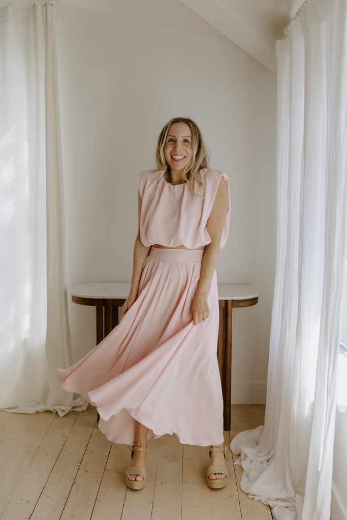 Bubble Top & Flowy Midi Skirt Set - Pink