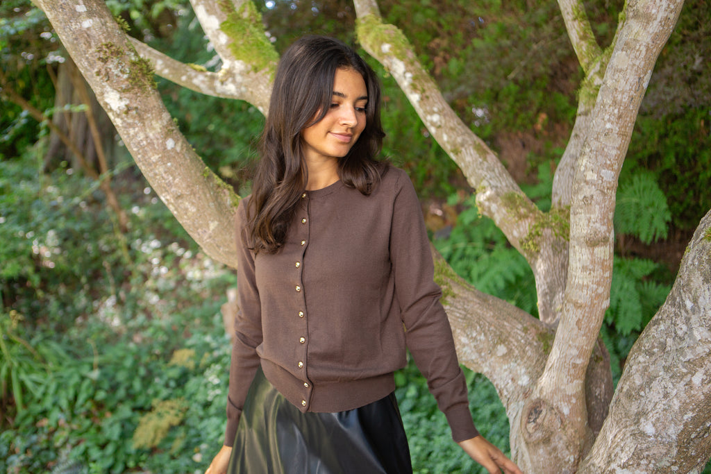 Cardigan with Gold Buttons - Mocha