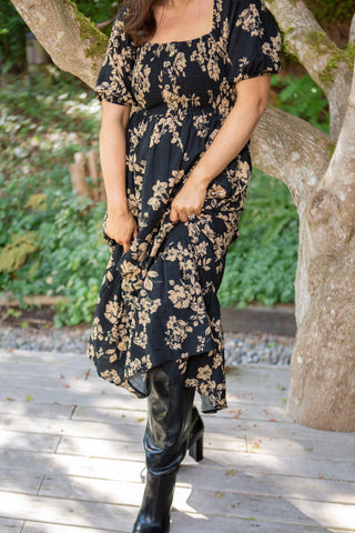 Linen Mock Wrap Dress with Tie - Black