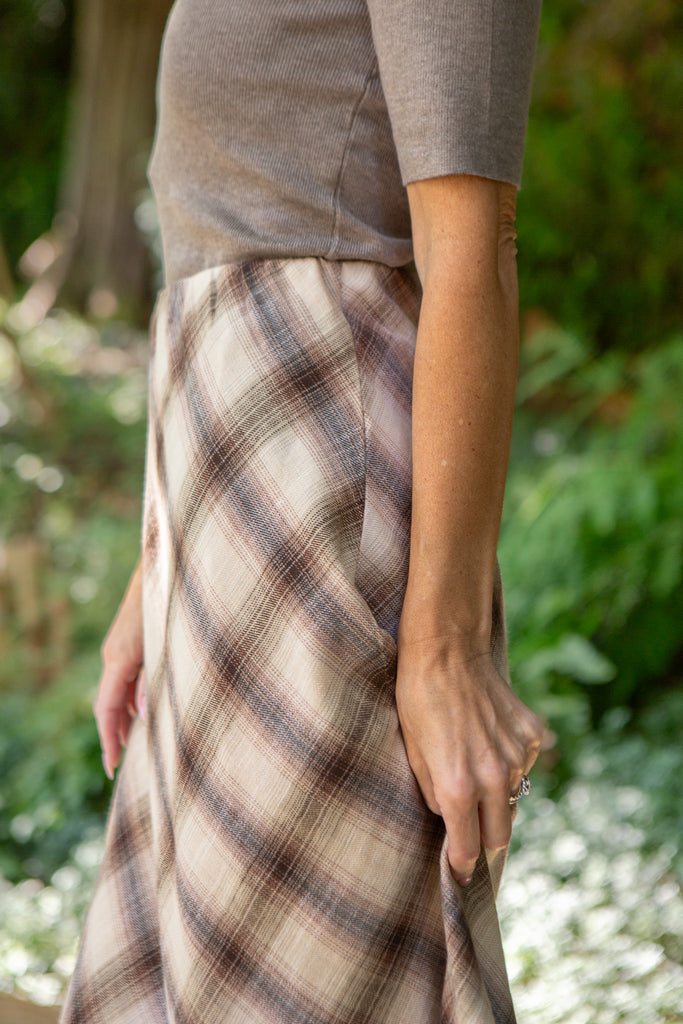 Plaid Print Midi Skirt - Brown/Pink