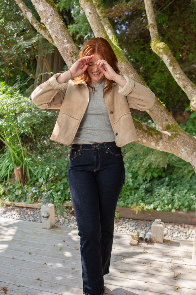 Suede Jacket with Sherpa Lining - Taupe