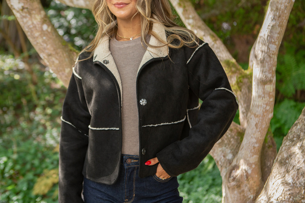 Suede Jacket with Sherpa Lining - Black