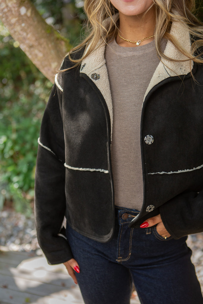 Suede Jacket with Sherpa Lining - Black