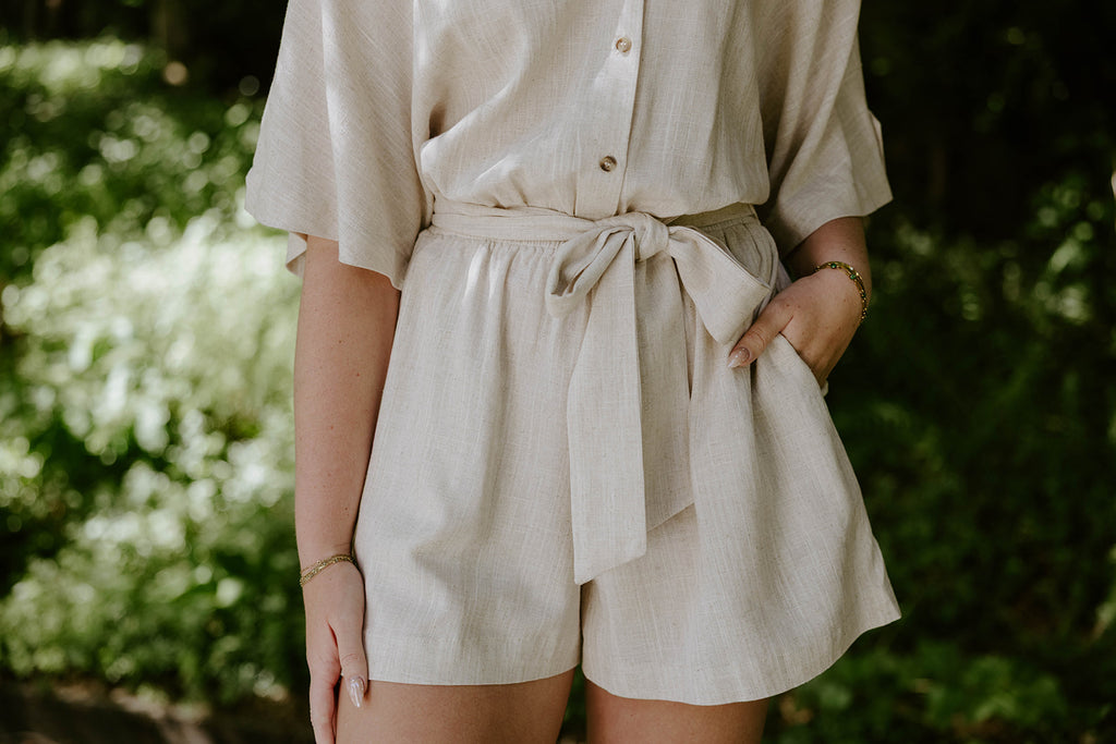 Button Up Linen Romper - Oat