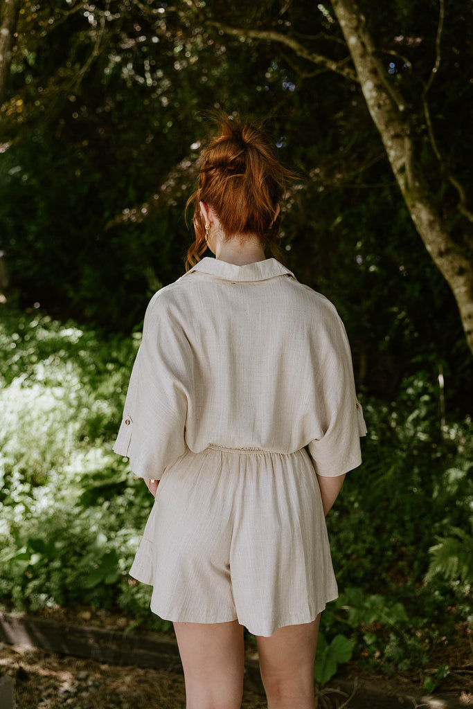 Button Up Linen Romper - Oat