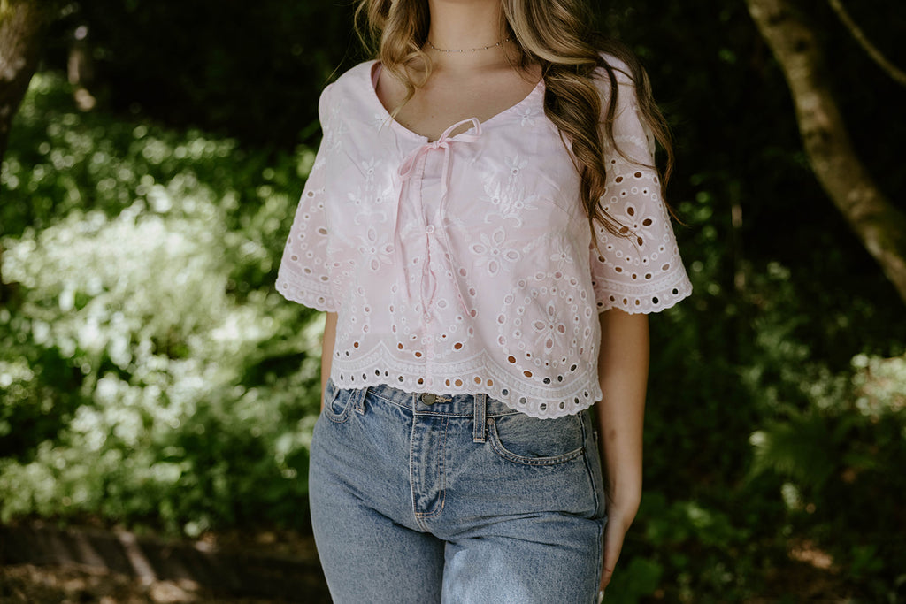 Eyelet Shirt with Front Tie - Pink