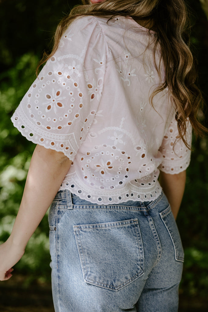 Eyelet Shirt with Front Tie - Pink
