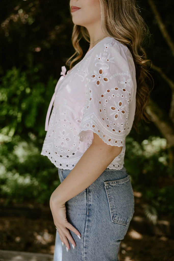 Eyelet Shirt with Front Tie - Pink