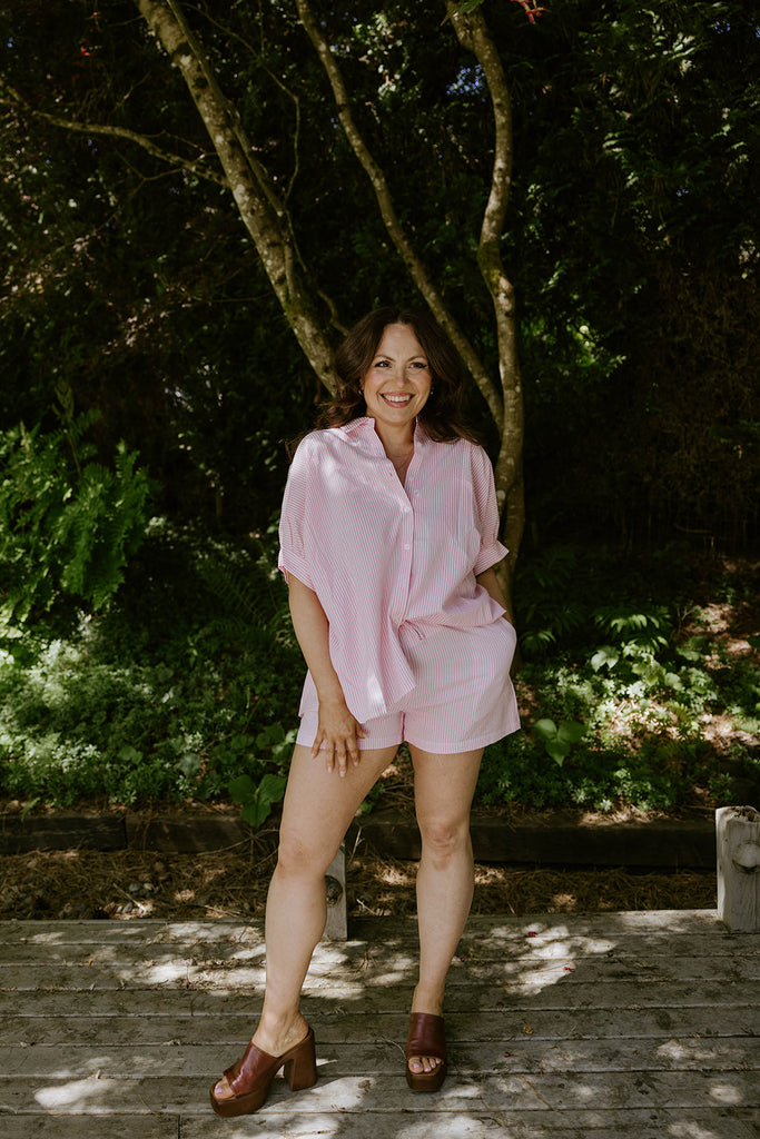 Oversized Striped Shirt & Shorts Set - Pink