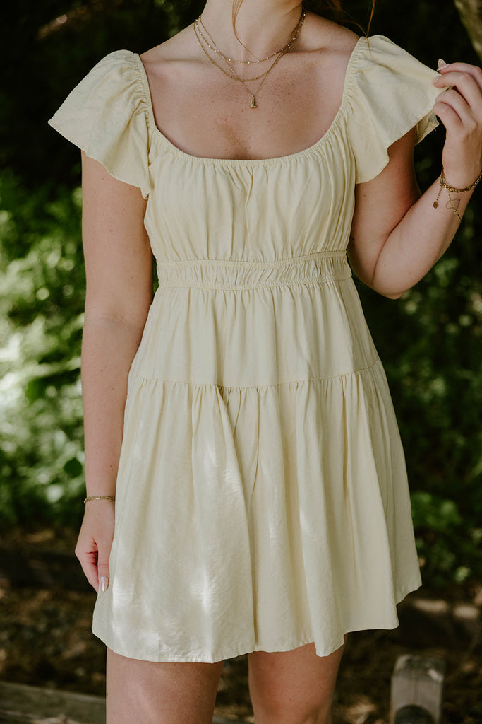 Shirred Flounce Mini Dress - Yellow