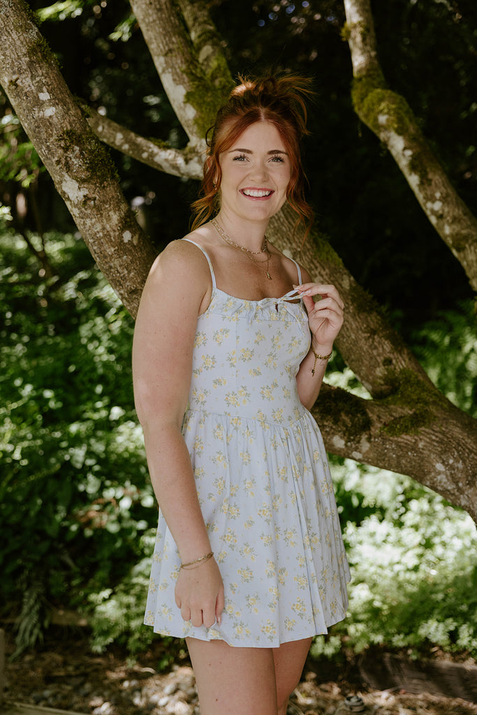 Floral Print Mini Dress - Blue