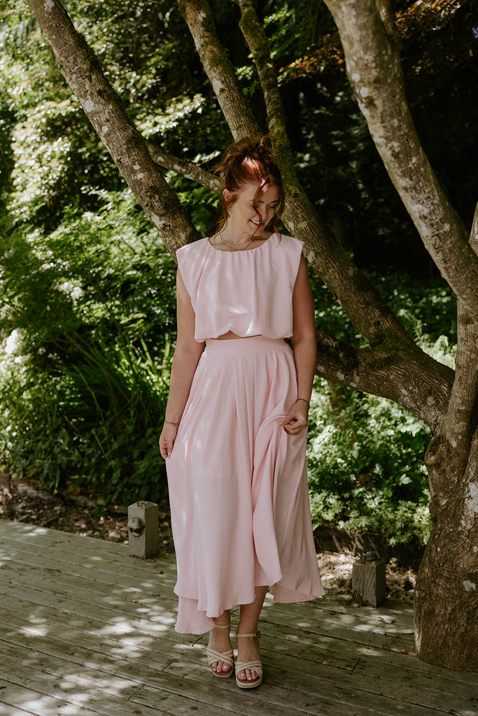 Bubble Top & Flowy Midi Skirt Set - Pink
