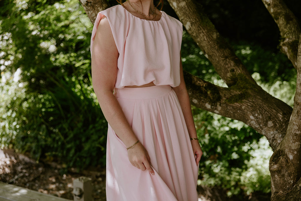 Bubble Top & Flowy Midi Skirt Set - Pink