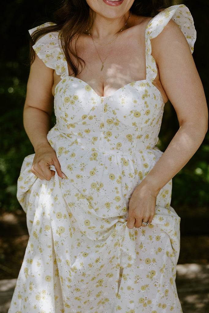 Floral Eyelet Corset Midi Dress - Yellow