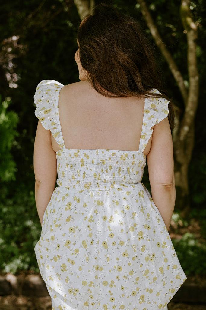 Floral Eyelet Corset Midi Dress - Yellow
