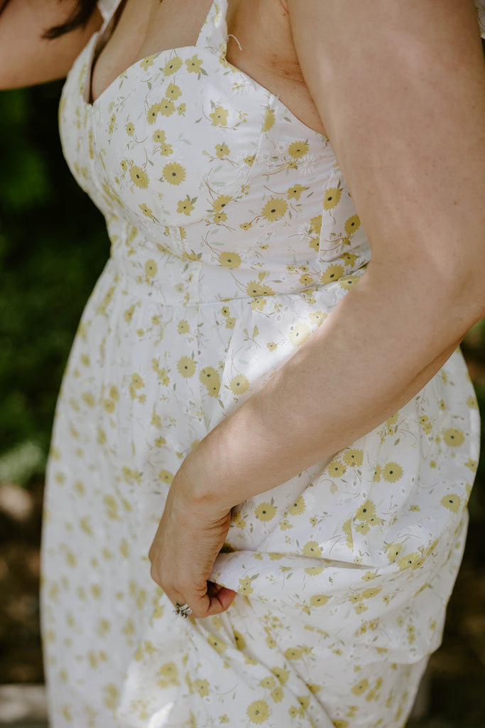 Floral Eyelet Corset Midi Dress - Yellow