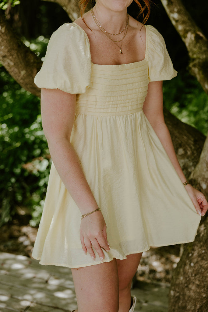 Pleated Front Puff Sleeve Mini - Yellow