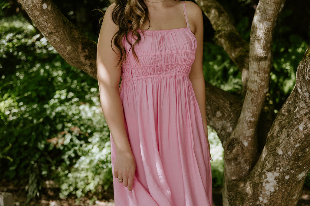 Lightweight Ruched Top Midi Dress - Pink