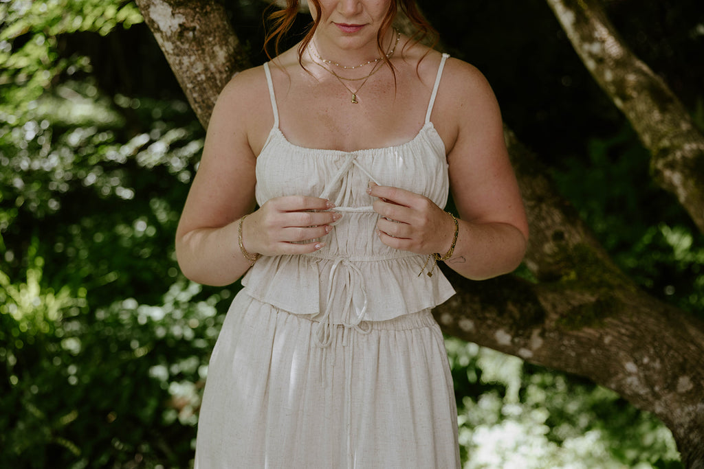 Linen Ruched Top & Flowy Pant Set - Oat