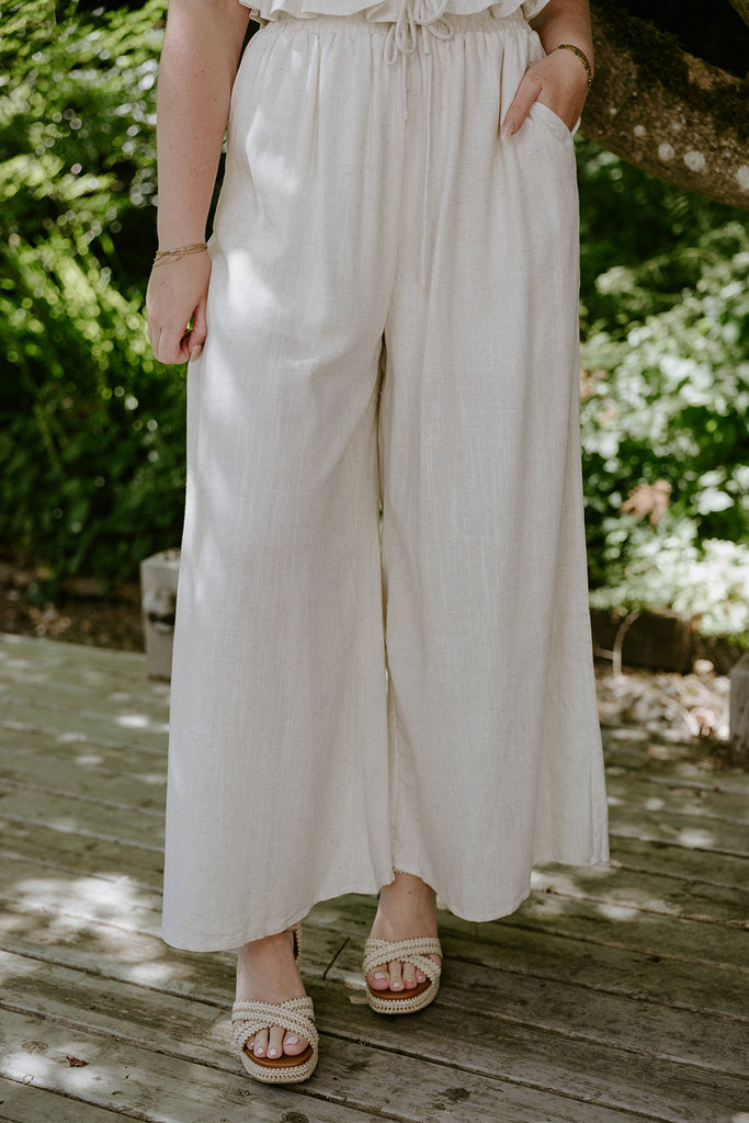 Linen Ruched Top & Flowy Pant Set - Oat