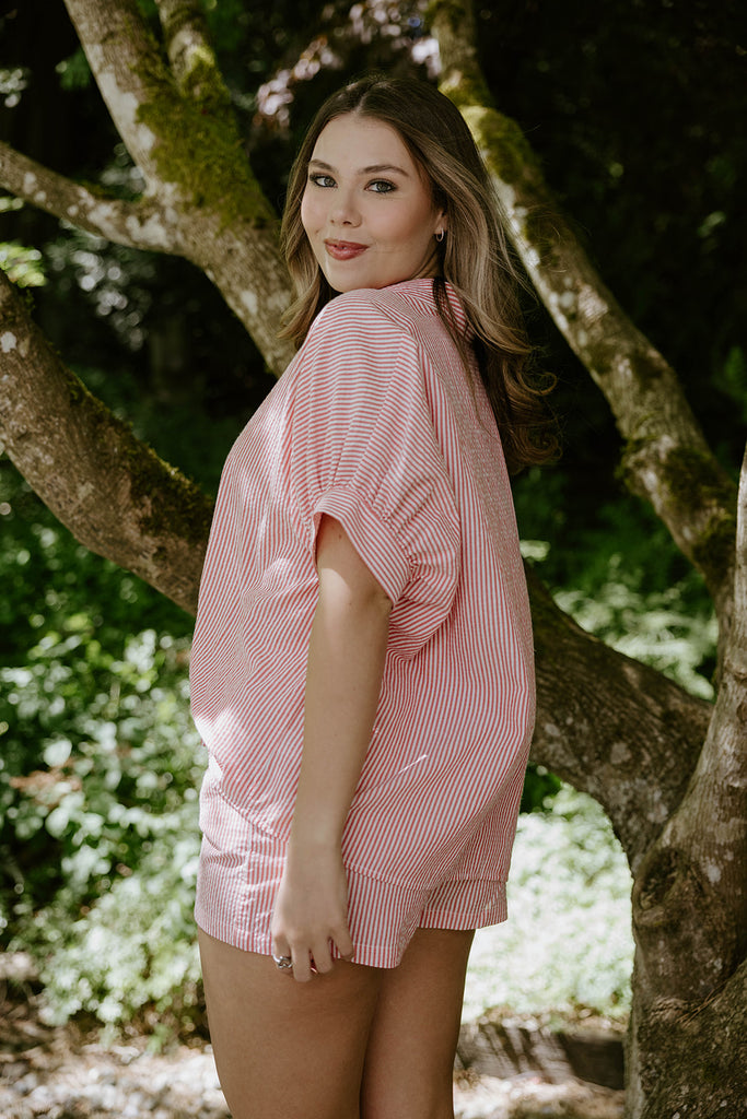 Oversized Striped Shirt & Shorts Set - Red