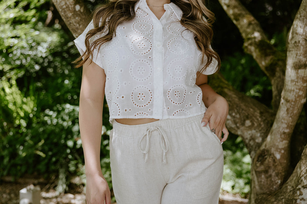 White Eyelet Button Up