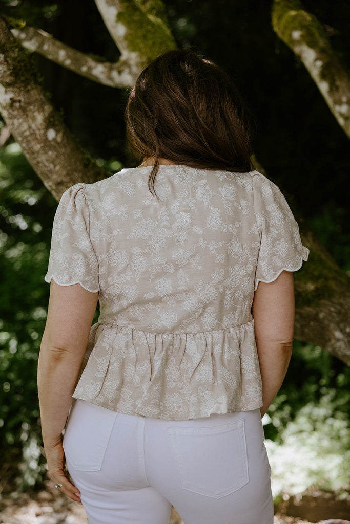 Embroidered Front Tie Peplum - Khaki
