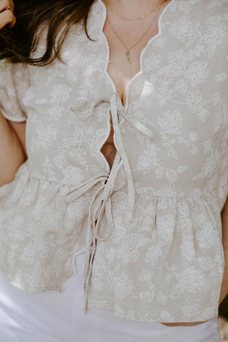 Embroidered Front Tie Peplum - Denim