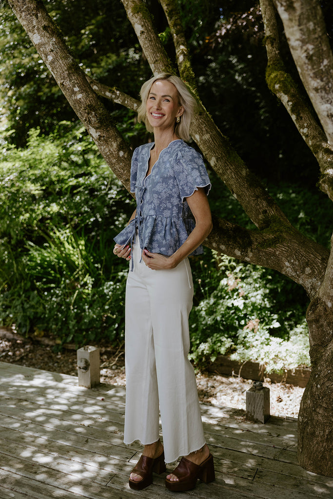 Embroidered Front Tie Peplum - Denim