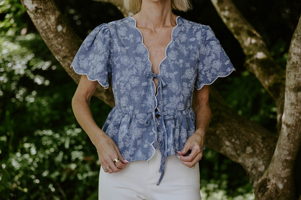 Embroidered Front Tie Peplum - Denim
