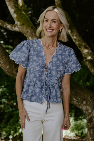Scalloped Embroidered Front Tie Top – Sage Green