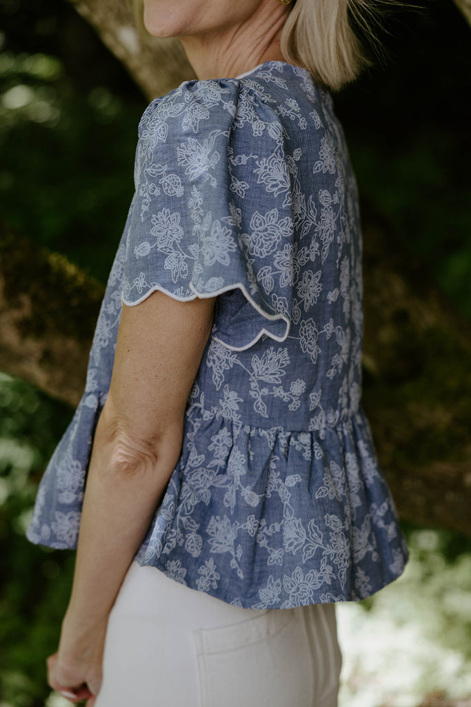 Embroidered Front Tie Peplum - Denim