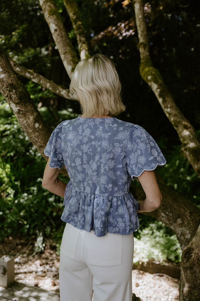 Embroidered Front Tie Peplum - Denim