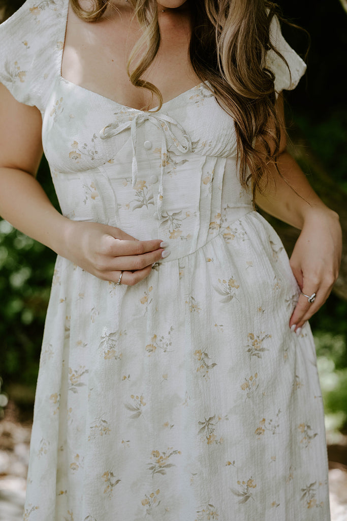 Puff Sleeve Midi Dress With Buttons - Sage
